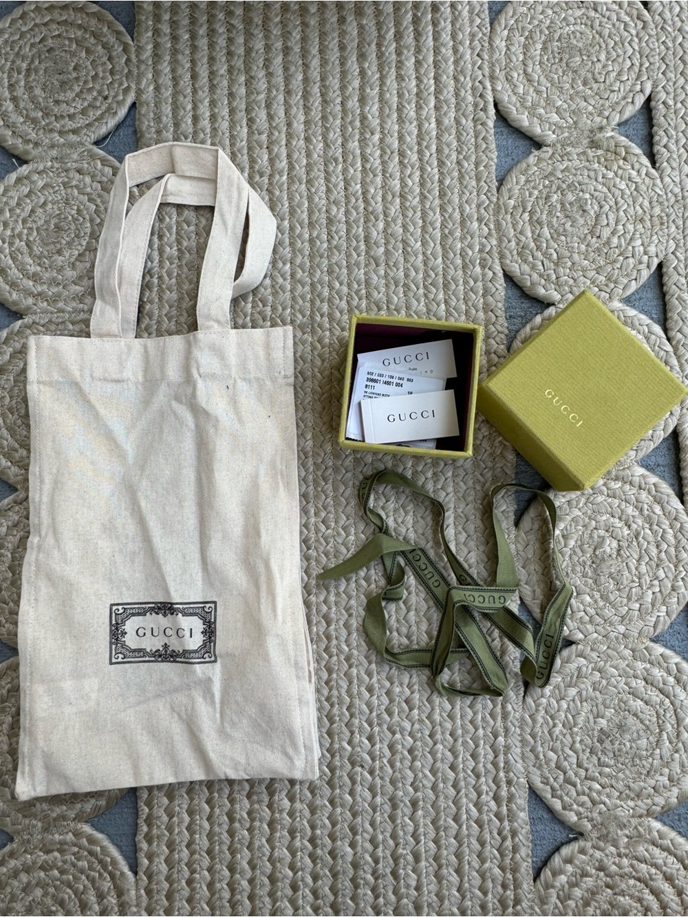 Gucci Packaging Set: Small Canvas Tote Dust Bag, Gift Box, Ribbon & Cards